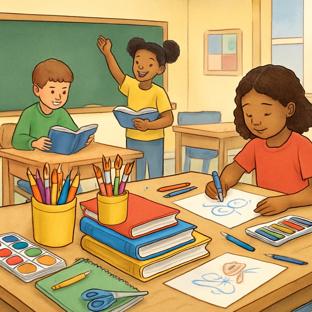 Classroom with colorful supplies and students, demonstrating the impact of donations.