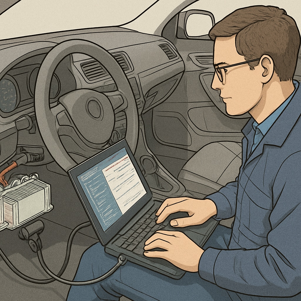A close-up of an automotive engineer programming an electronic control unit, demonstrating the practical application of electrical technology in vehicles. Automotive engineer programming an ECU to show the practical application of electrical technology in the automotive industry.