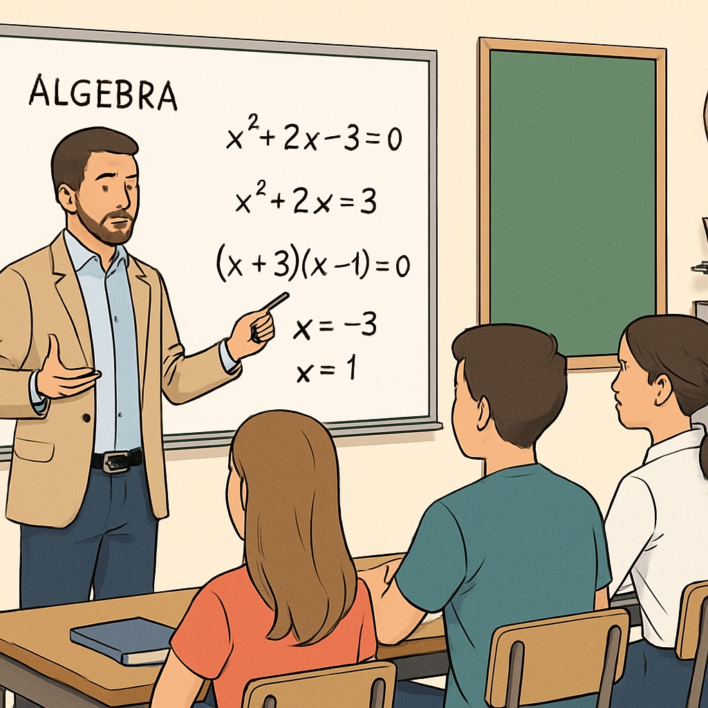 A teacher explaining algebra concepts in a high school math classroom.