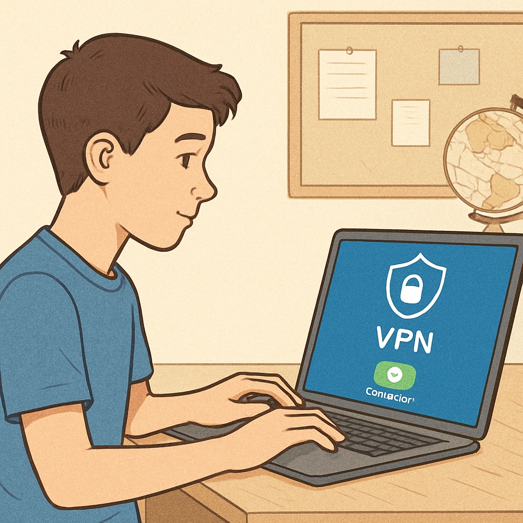 A teenager using a laptop with a VPN application open, symbolizing privacy and circumvention of online restrictions. A teenager using a VPN to bypass UK age verification laws.