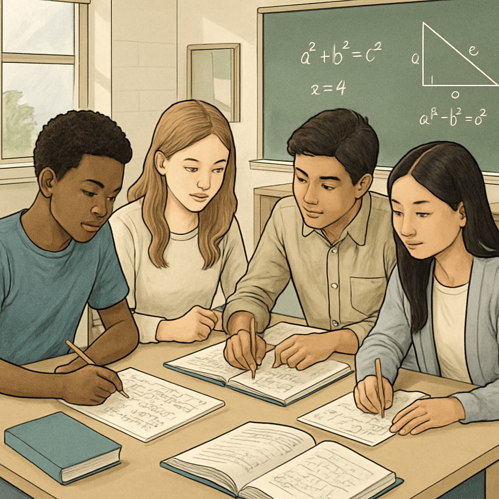 High school students collaborating on math problems in a classroom setting.