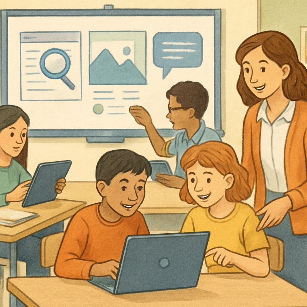 A classroom setting where students engage in a digital literacy workshop, highlighting collaborative learning and critical thinking. Students learning digital literacy to navigate age verification laws responsibly.
