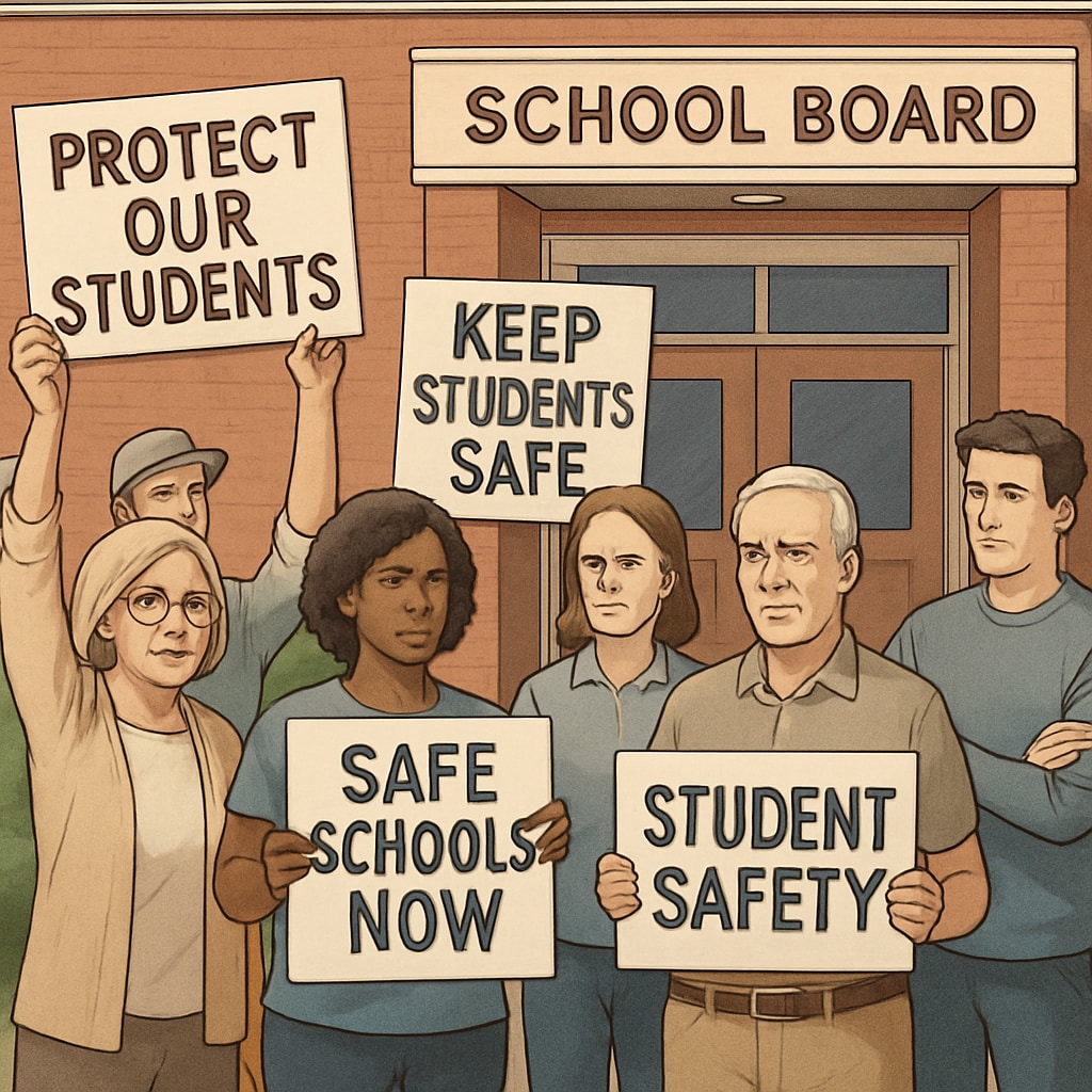 Protest for school board safety outside Maine school board meeting.