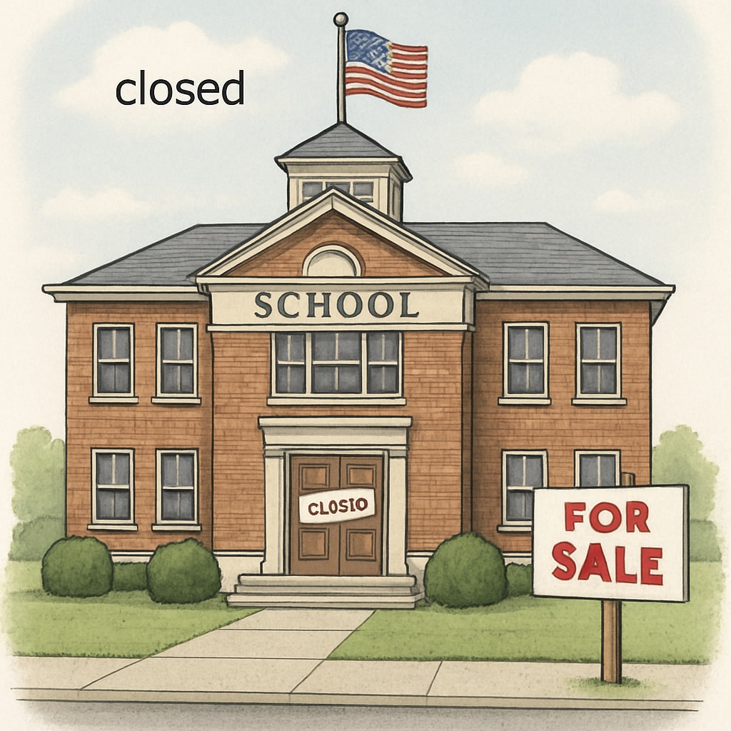 Closed public school building; visual metaphor for privatization risks.