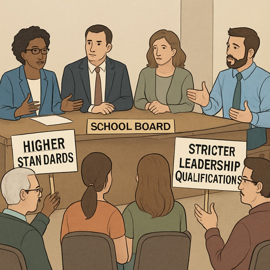 Community members protesting leadership qualifications at a school board meeting.