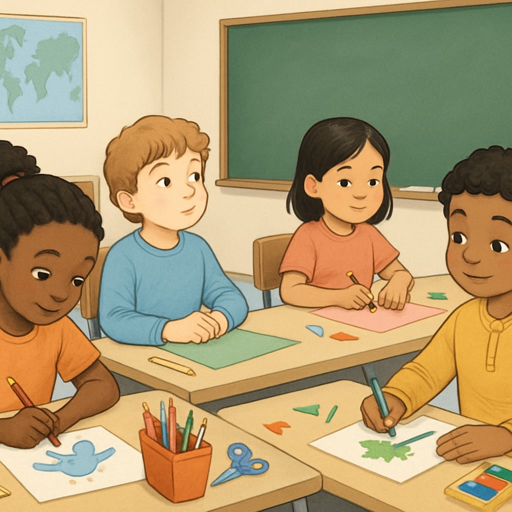 A classroom with diverse children, one showing signs of distraction while engaging in a creative task. ADHD student in a classroom setting, illustrating diverse learning styles.