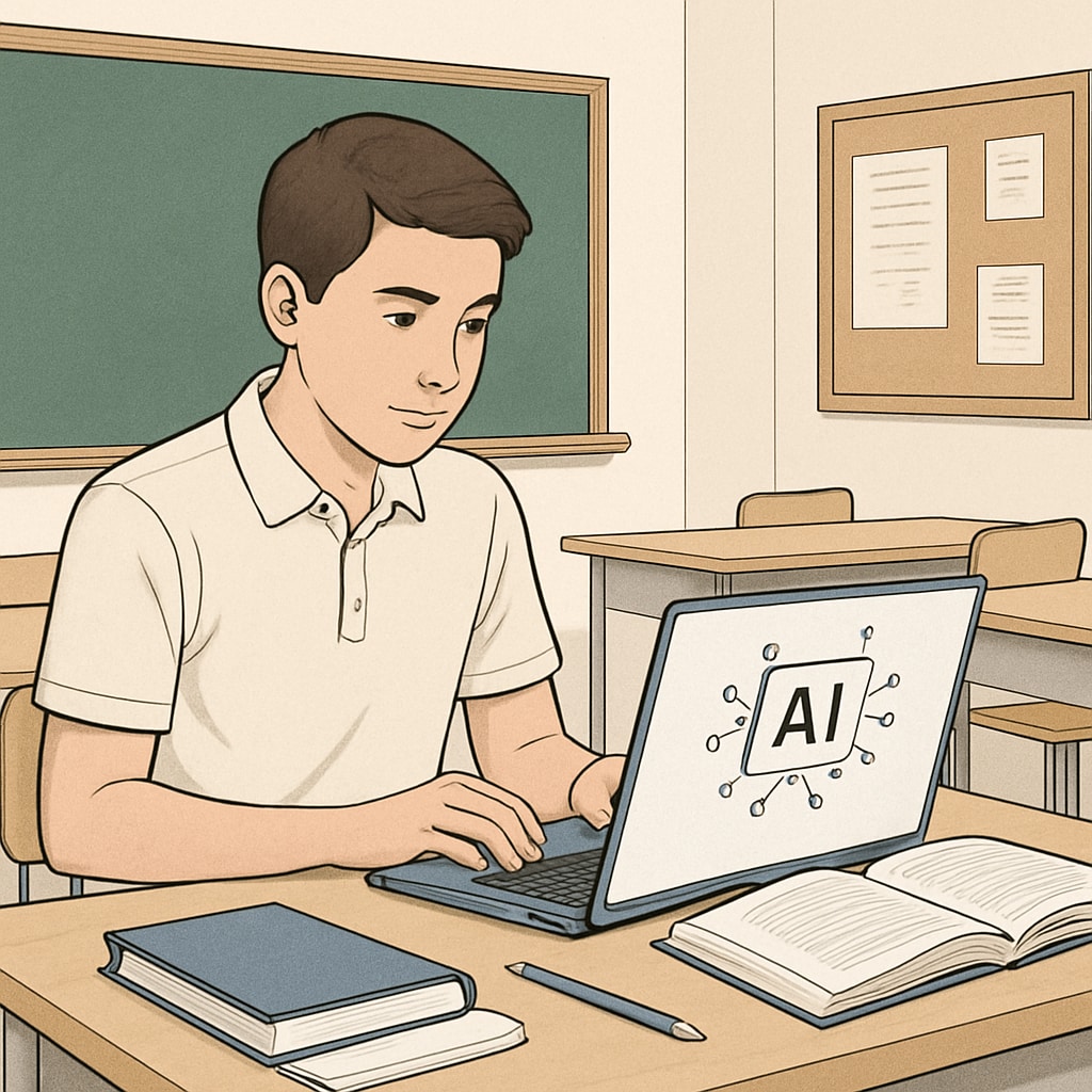 A student using a laptop to complete assignments, representing AI tools in education.