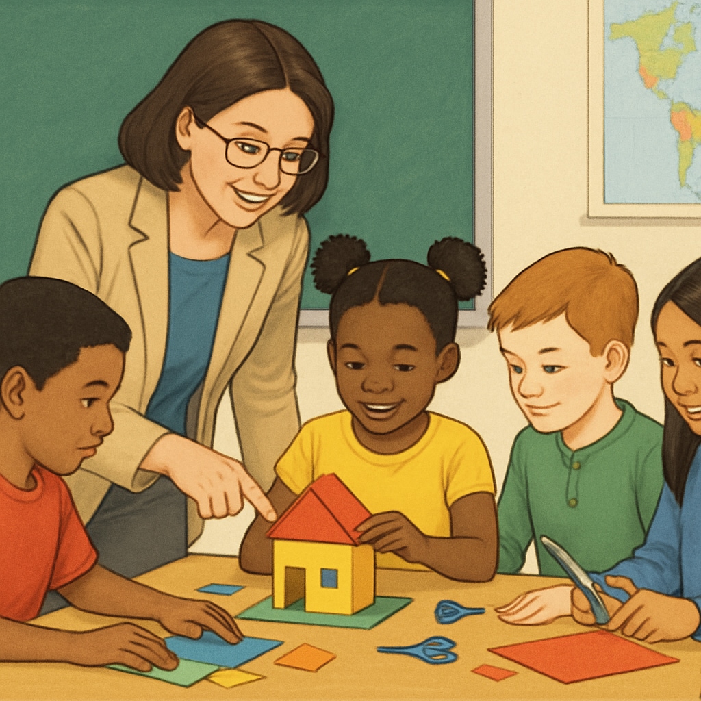 A teacher leading a hands-on activity with a diverse group of students, fostering creativity. Inclusive teaching activity, highlighting ADHD-friendly learning methods.