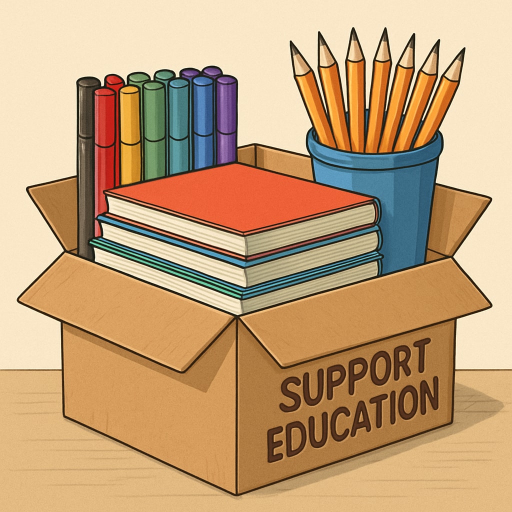 School supplies donated to a classroom, emphasizing the importance of contributions.
