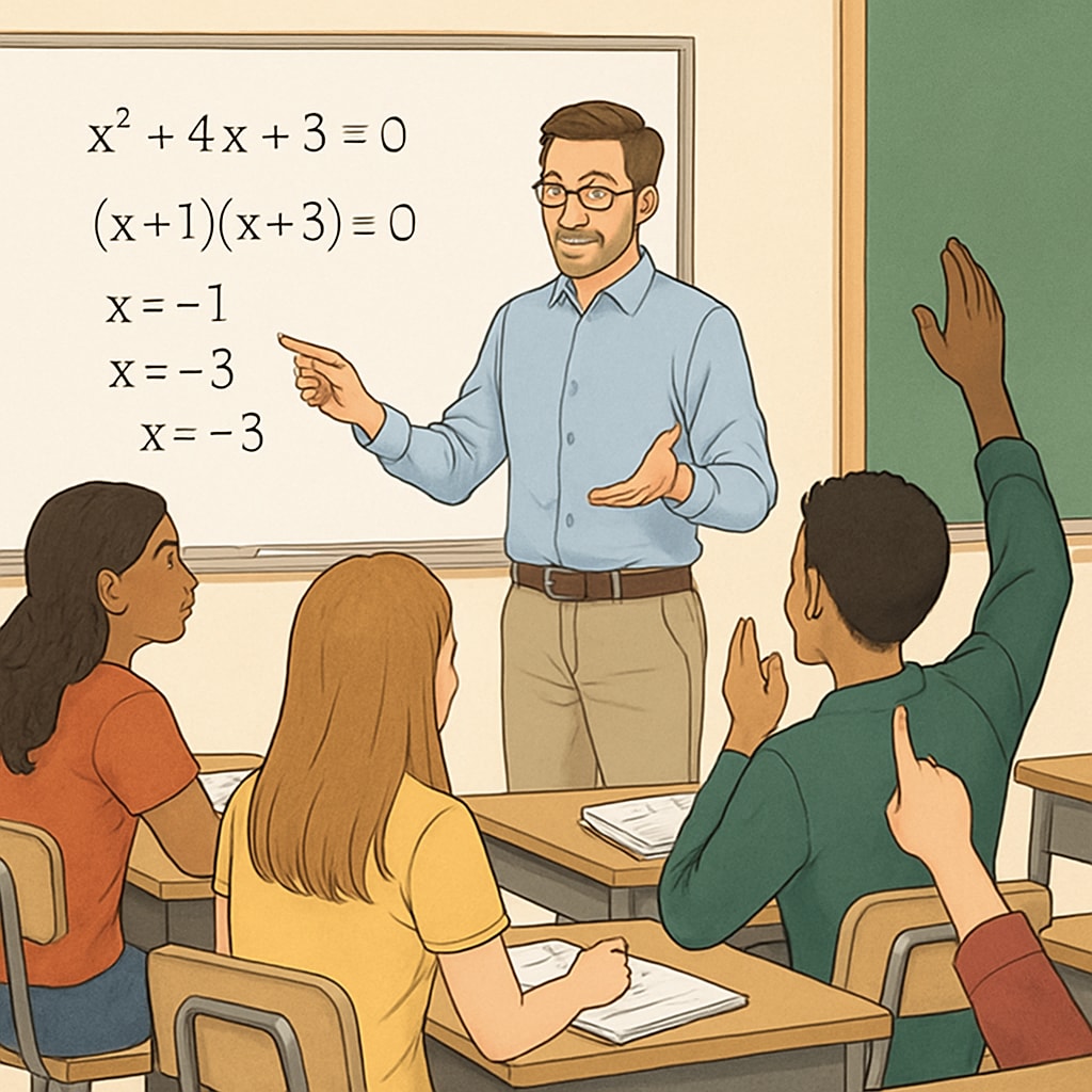 A classroom setting with a teacher discussing a math problem on the board, with high school students actively participating. High school math class with interactive teaching.