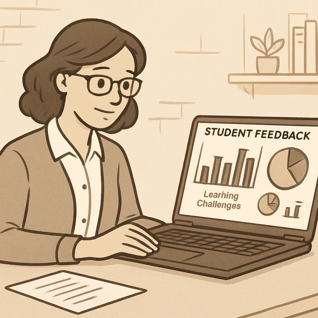An educator reviewing student feedback data on a laptop, with bar charts and graphs illustrating learning challenges. Teacher analyzing feedback to improve math teaching.