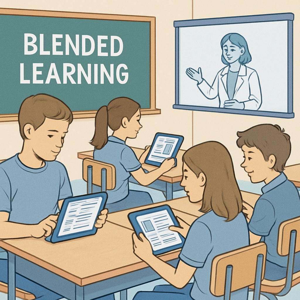 A classroom with students using tablets as part of a blended learning experience, illustrating the integration of technology in education. Students using tablets for blended learning, addressing education pain points, tool requirements, and feedback.