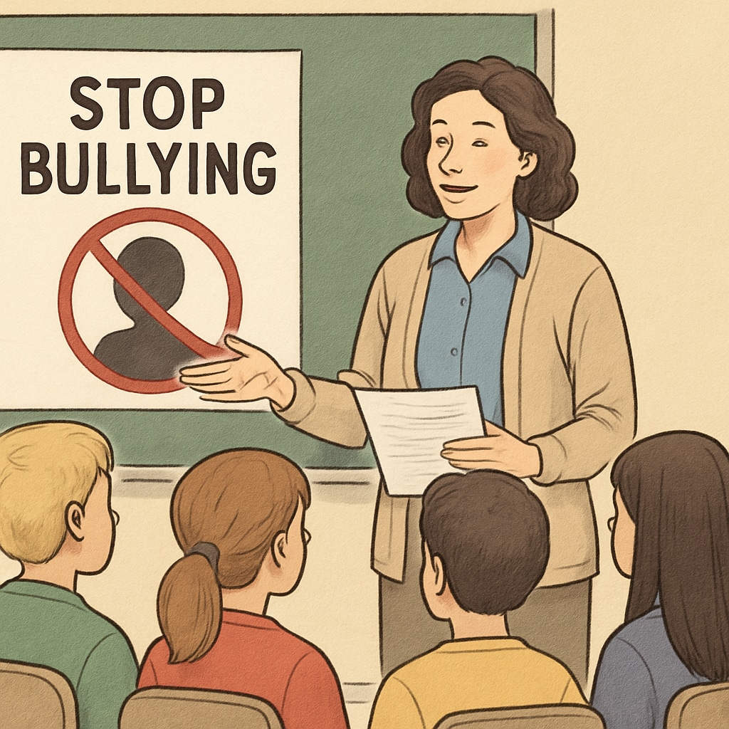 A teacher leading an anti-bullying seminar to educate students about prevention strategies.