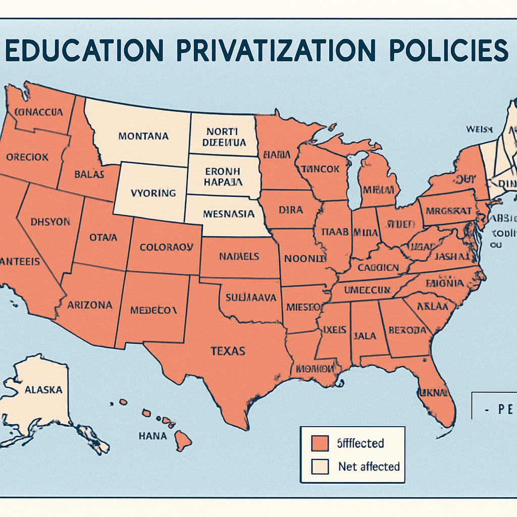 U.S. map showing states impacted by education privatization policies, including Oregon.