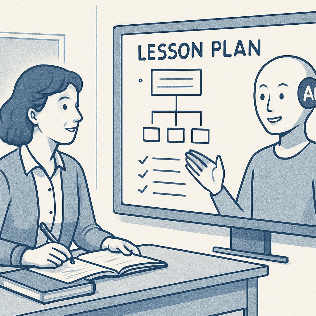 A teacher interacting with a virtual AI assistant to plan lessons, demonstrating the integration of AI in education. Teacher using AI tools for lesson planning to address workload challenges in education.