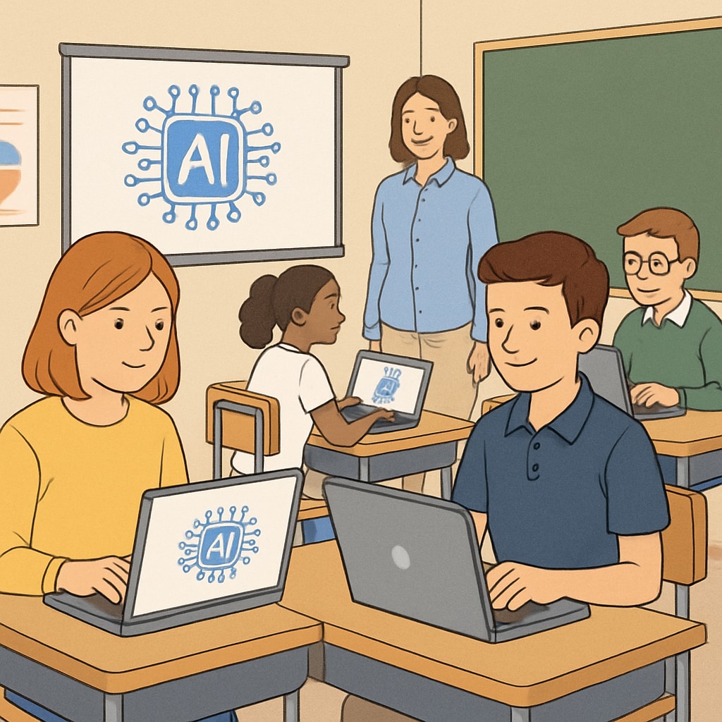 Students in a classroom using AI tools on laptops.