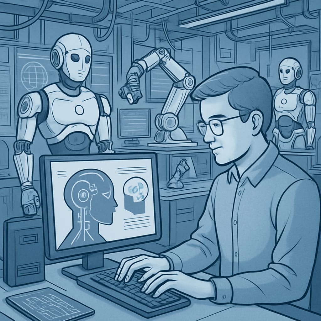 Young professional working with robots and AI systems in a modern engineering lab.