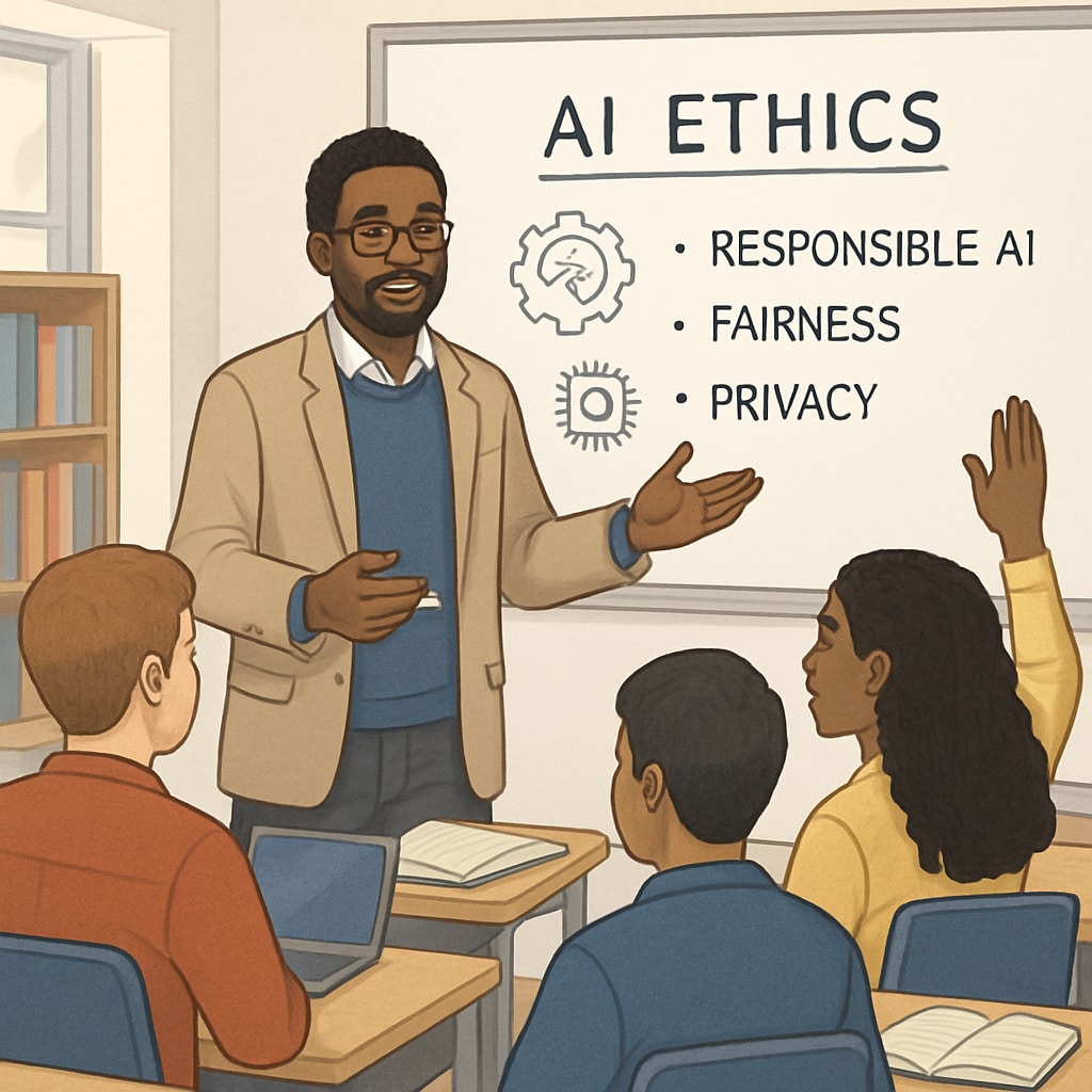 Educator teaching students about AI ethics in a classroom.