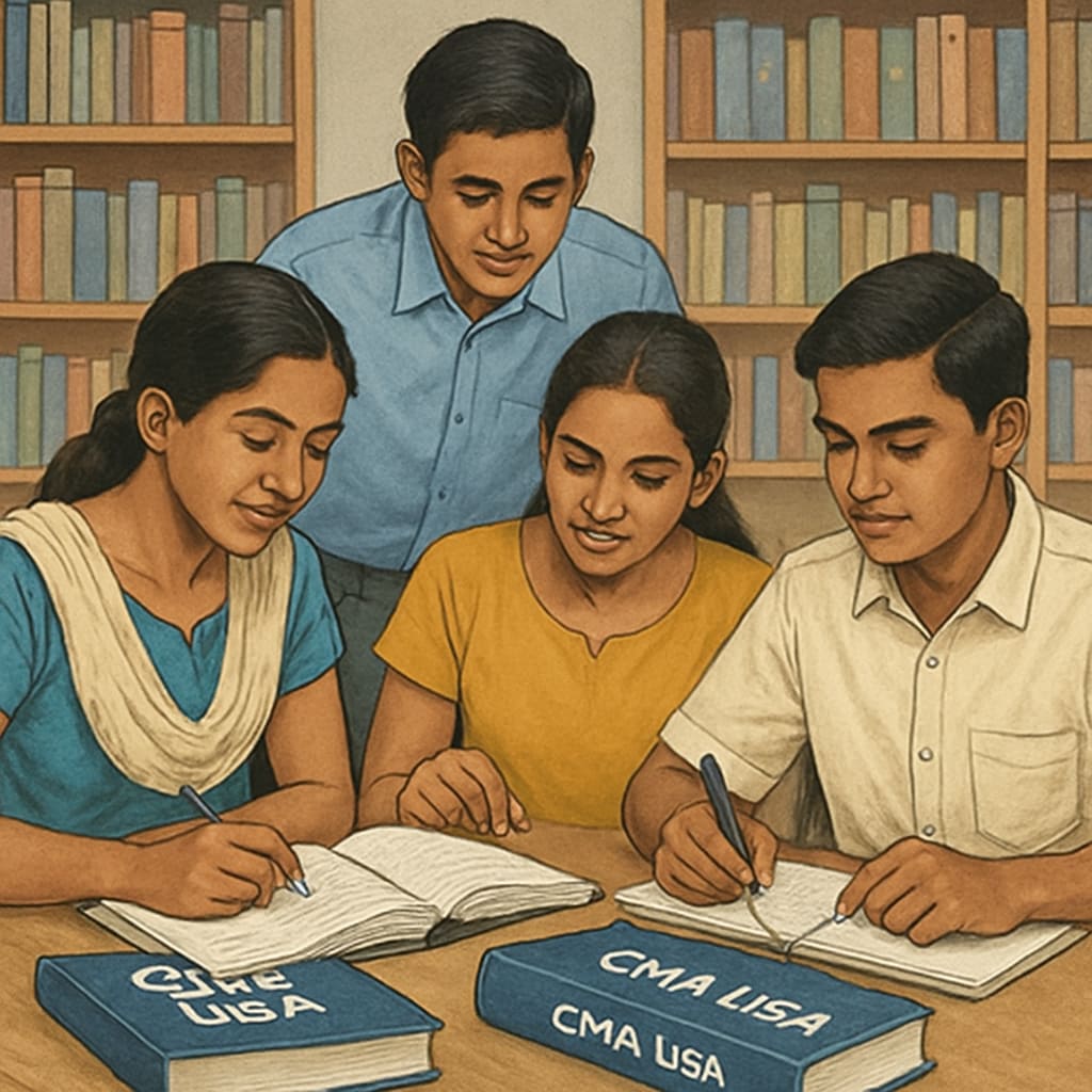 Kerala students preparing for CMA USA certification in a library.