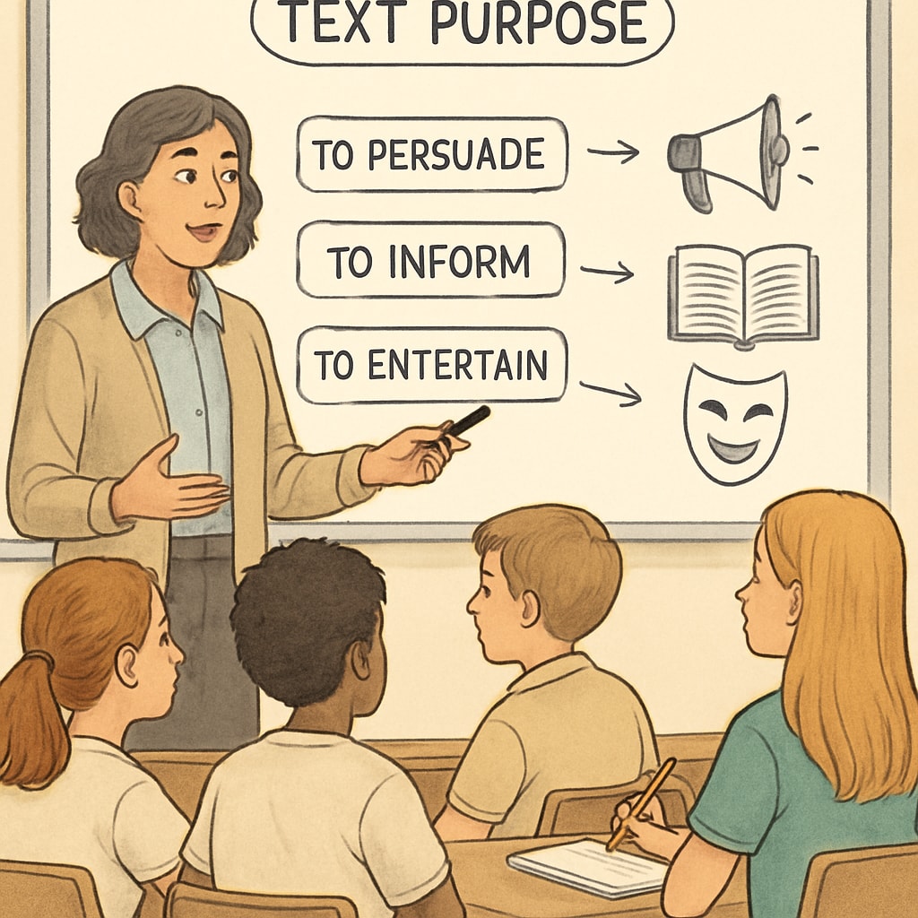 Functional Skills English class with a teacher explaining text purposes to students.