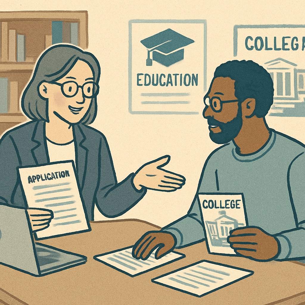 College advisor guiding an adult student with GED admission steps.