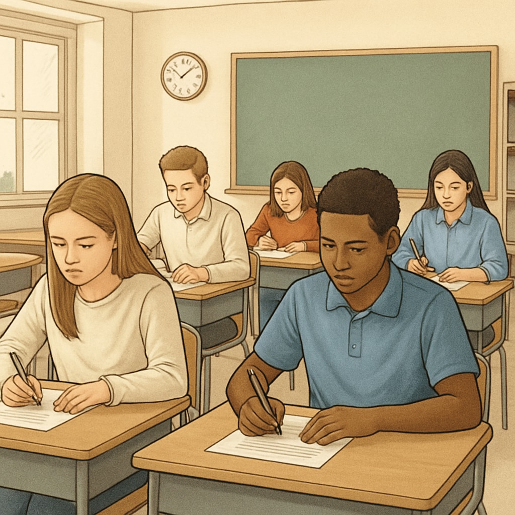 Students in a classroom focusing on their tasks without cell phones.