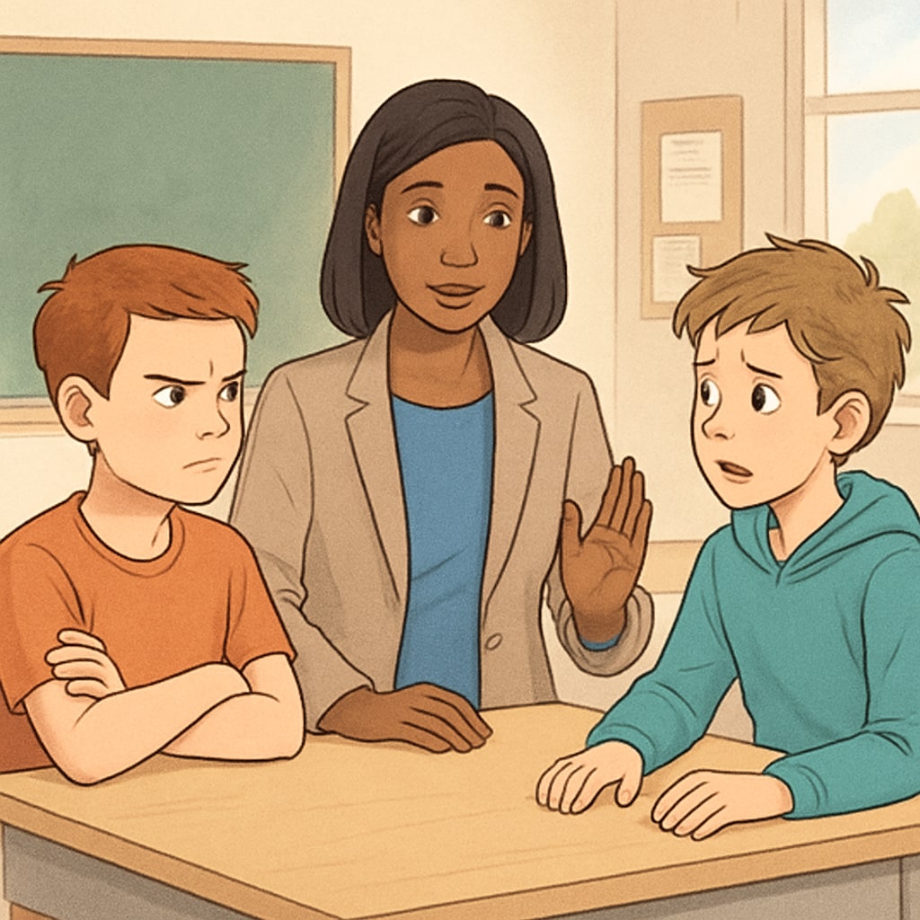 A school counselor mediating a conflict between students to address bullying behavior. School bullying intervention conducted by a counselor.