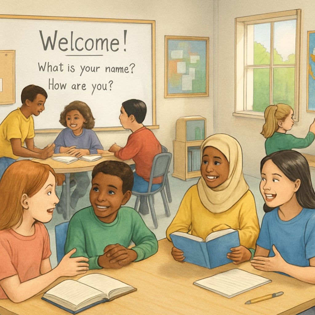 Multicultural classroom highlighting language learning and interaction in English.