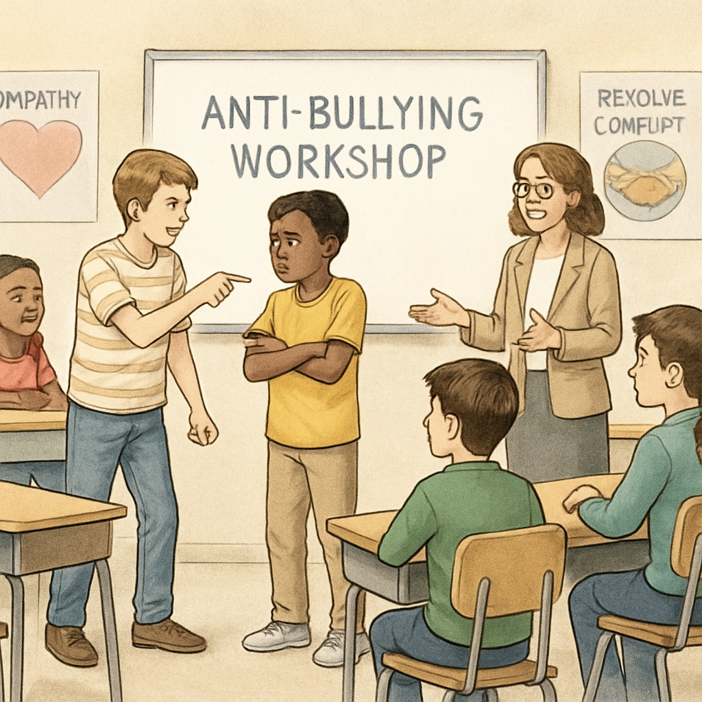An anti-bullying workshop in a classroom setting, showcasing students engaging in role-playing activities to learn empathy and conflict resolution. Anti-bullying workshop on empathy and conflict resolution.