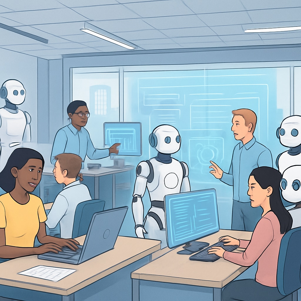 AI and humans collaborating in a futuristic workplace, representing career opportunities in the AI era.