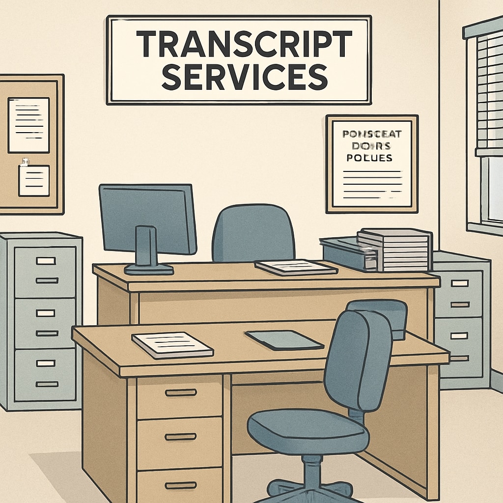 Educational institution office with Transcript Services sign