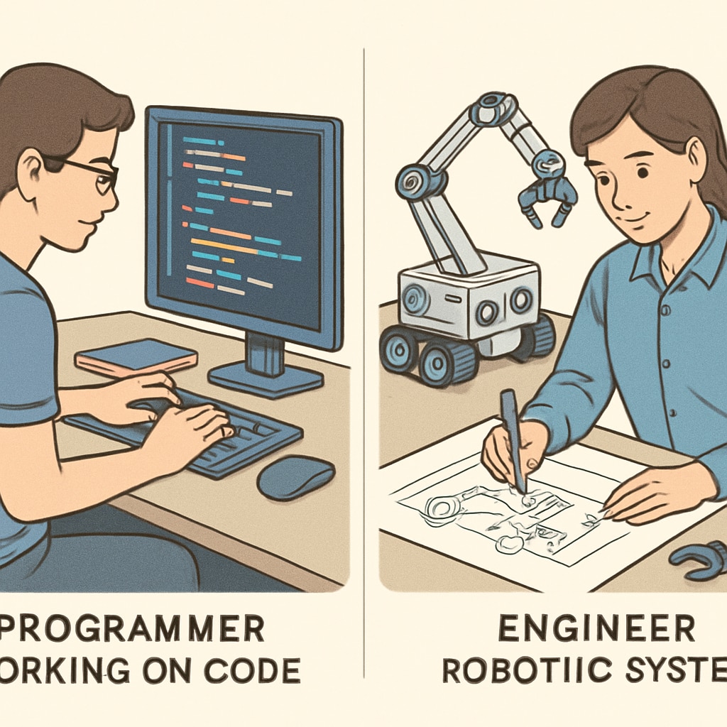 A programmer coding and an engineer designing robotics, illustrating career choices in the AI era.