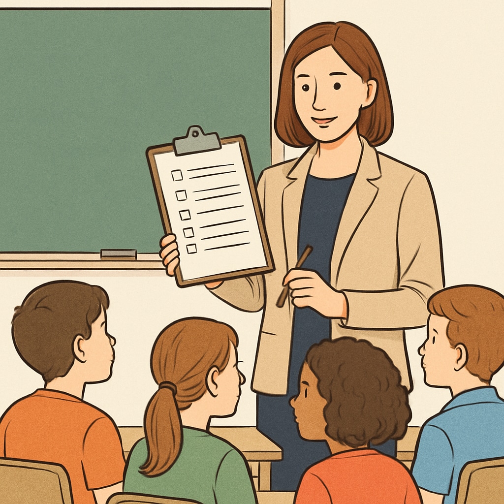 Teacher conducting a research survey with K12 students in a classroom.