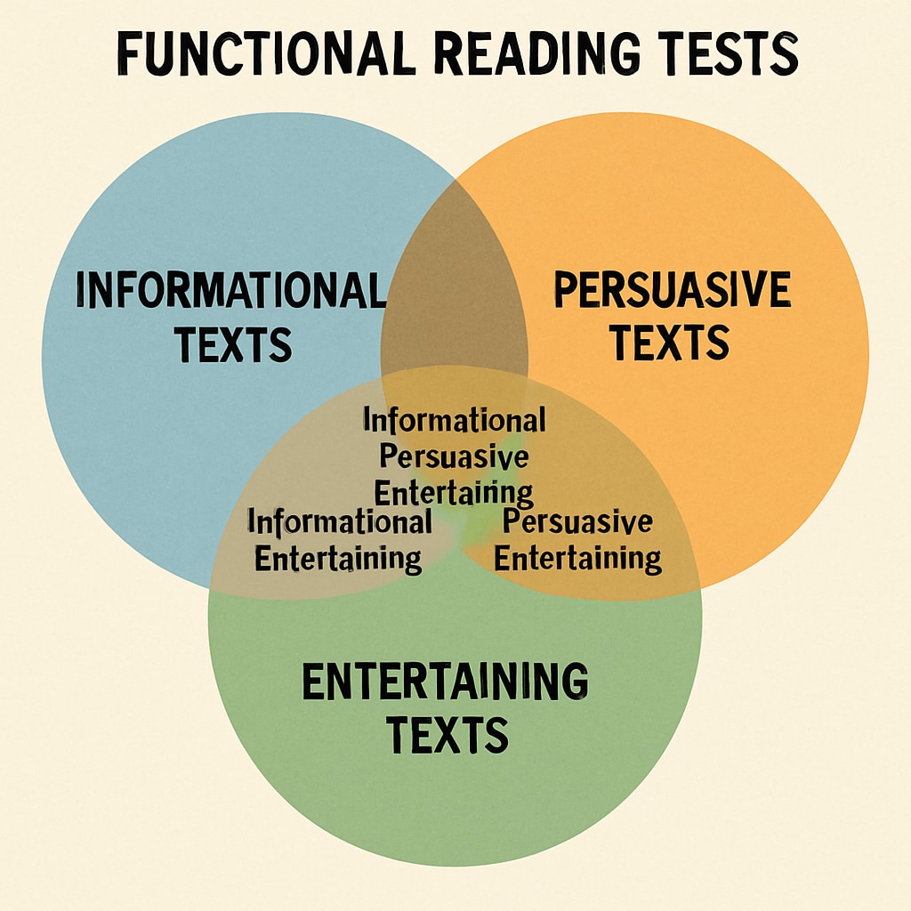 Venn diagram comparing text purposes in functional English reading tests.