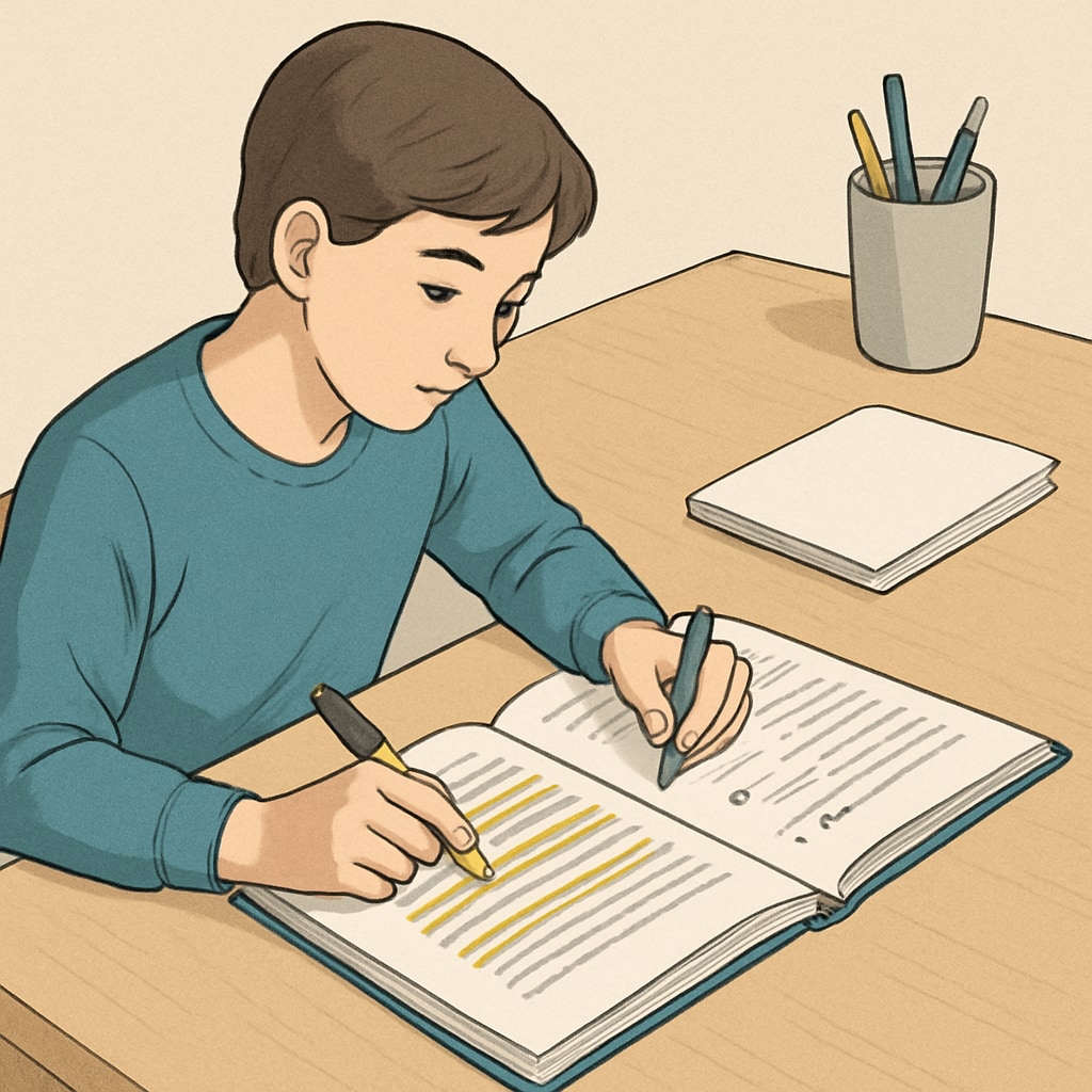 Student practicing reading comprehension with notes and highlighted text.
