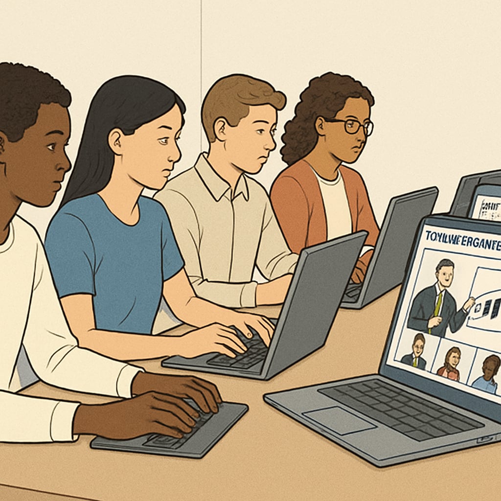 Online business class with diverse students, showcasing affordable and flexible education.