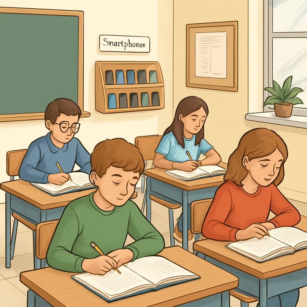 Students studying in a classroom with smartphones placed in a designated zone