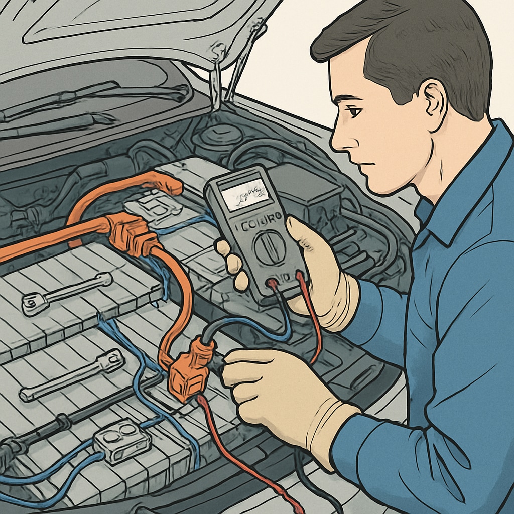Technician working on EV battery system, showcasing electrical and automotive integration.
