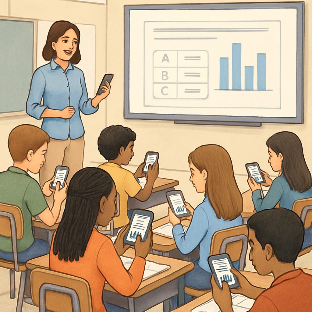 Students using smartphones for interactive educational activities
