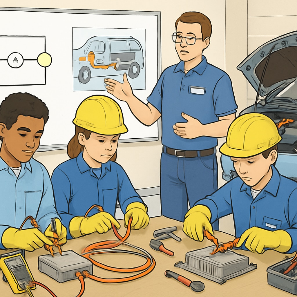 Apprentices training on hybrid vehicle systems in a workshop.
