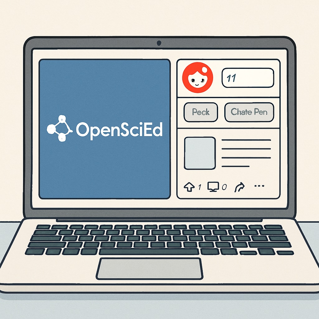 OpenSciEd logo and Reddit community interface on a laptop screen.