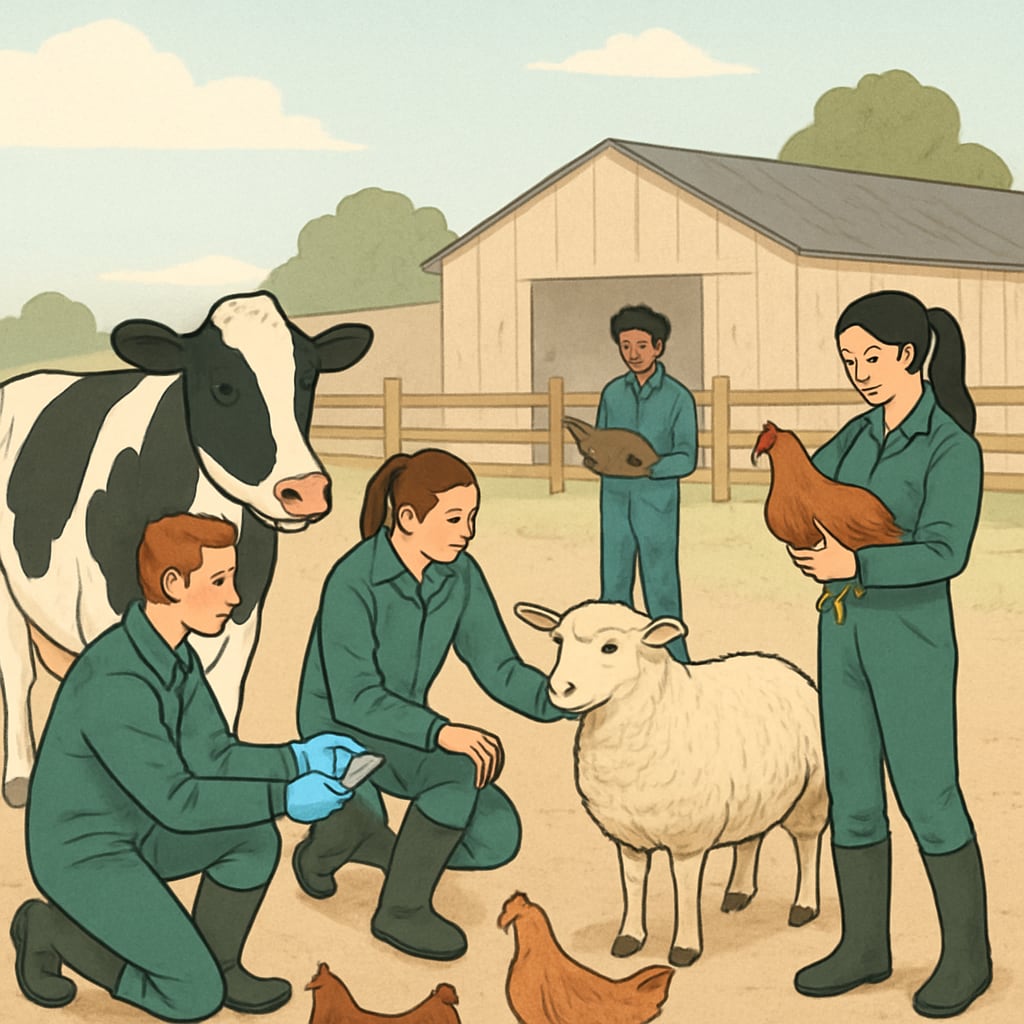 GCSE students at Plumpton College participating in animal care activities.