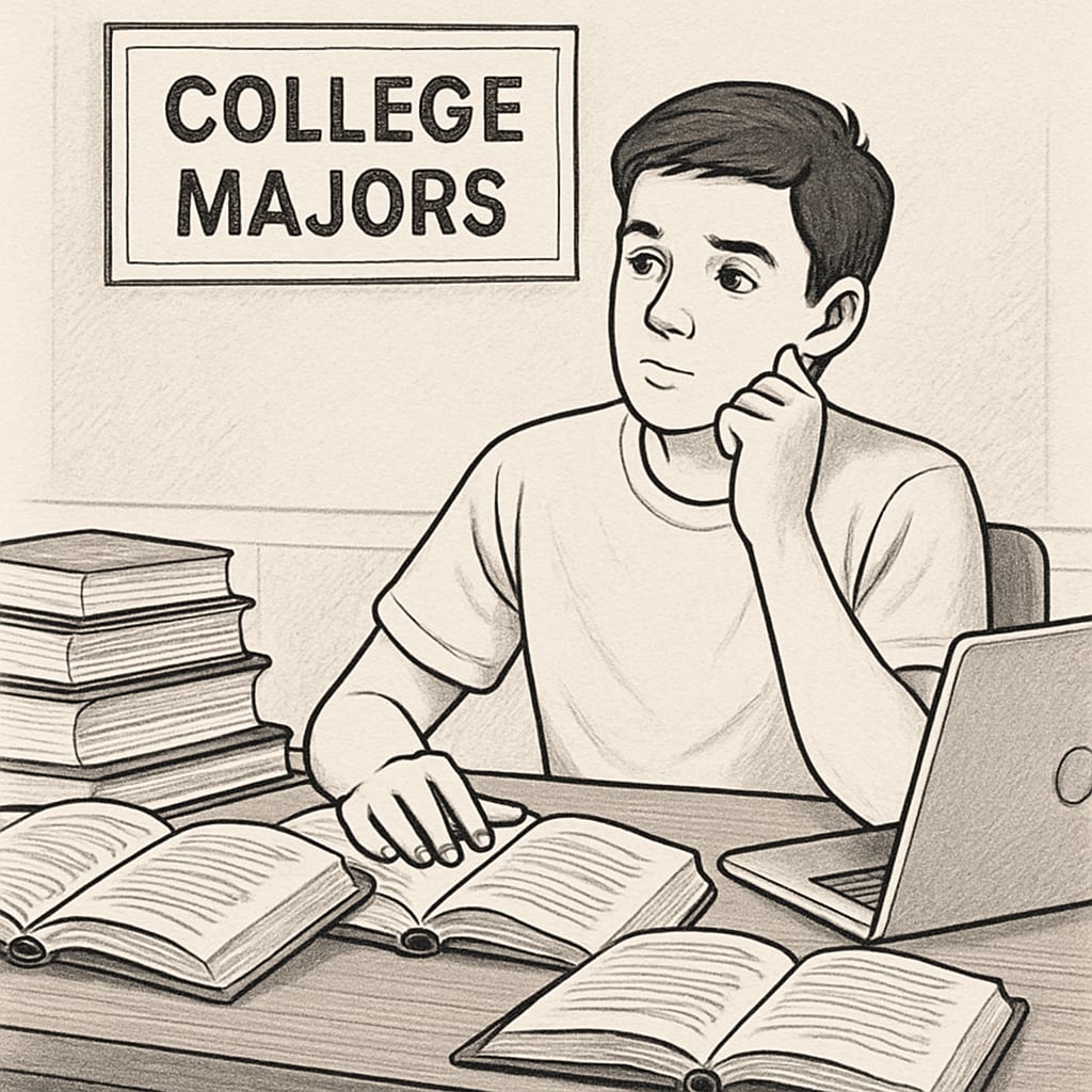 A high school student sitting at a desk with books and a laptop, looking thoughtful as they research college majors. High school student researching college majors online.