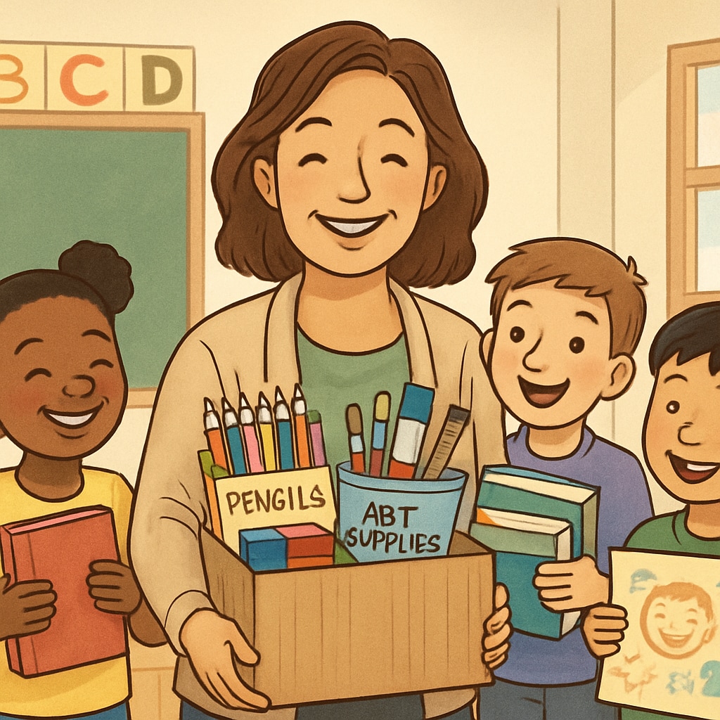 Teacher with students and donated classroom supplies