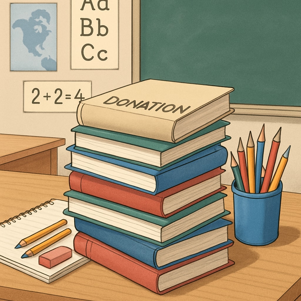 Donated books and stationery in a classroom
