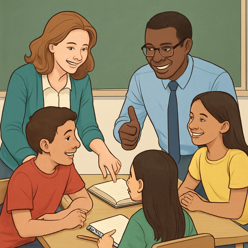 Students and teachers collaborating in class, highlighting teacher-student relationships and mutual respect.