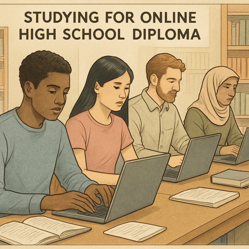 International students studying for an online high school diploma in a library.