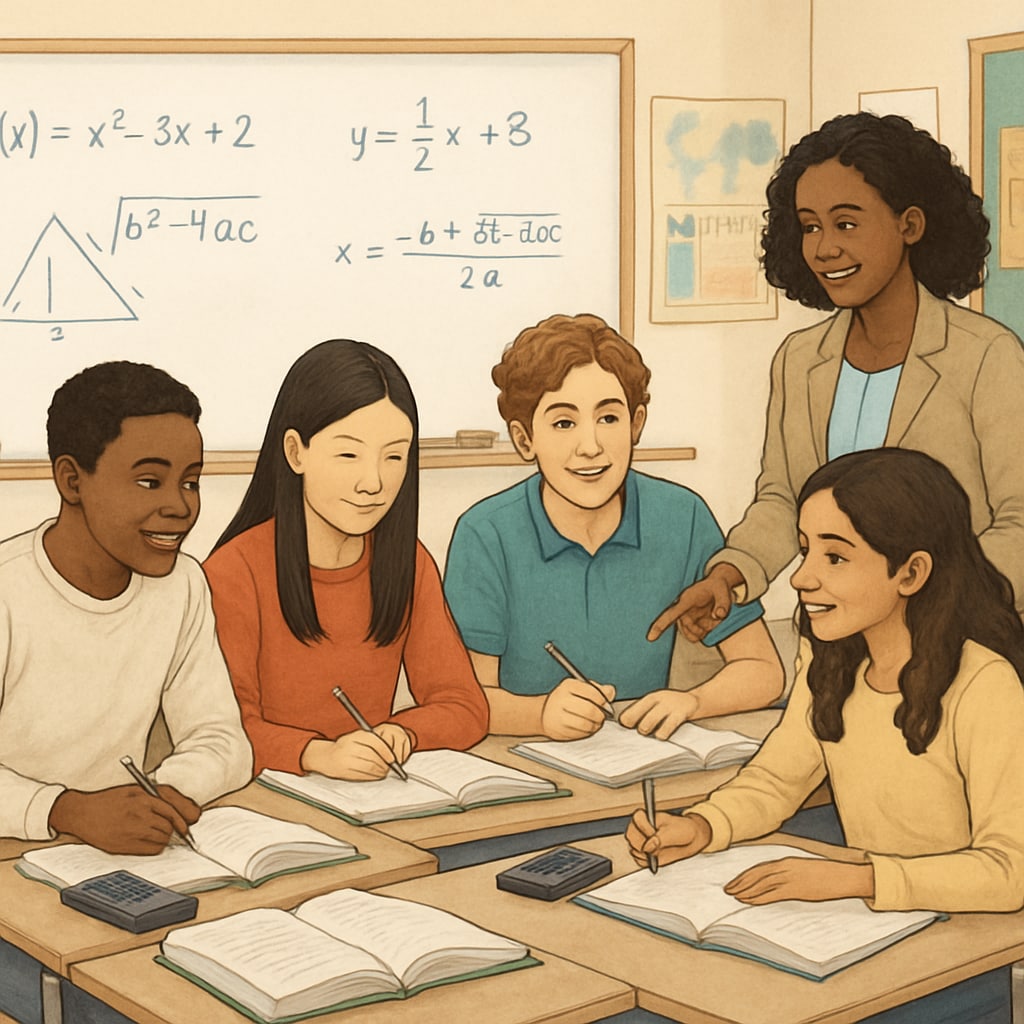 High school students solving math problems together, illustrating collaborative learning in math education.