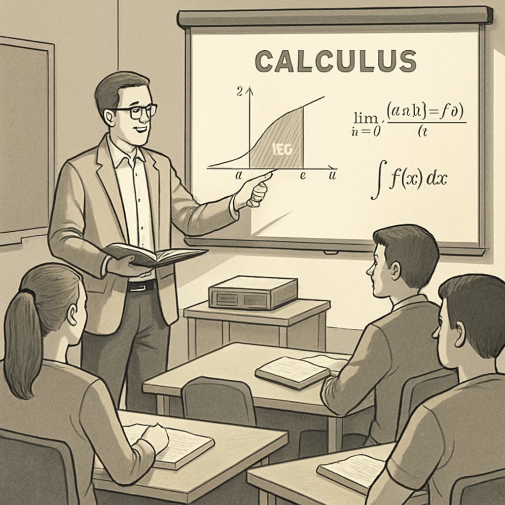 A teacher explaining calculus with visual aids, enhancing student understanding of mathematical concepts.