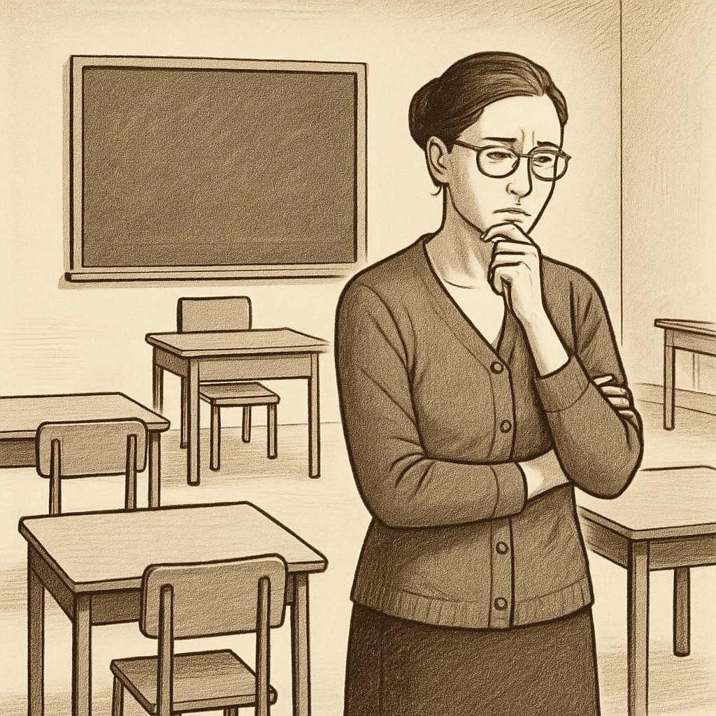 Empty classroom with a teacher, representing public school resource shortages.
